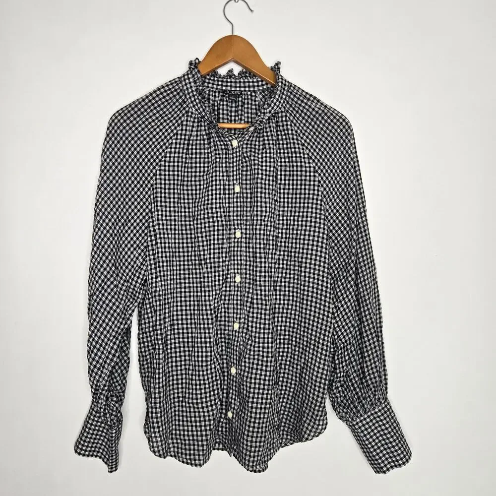 J Crew Womens Victorian Ruffle Neck Button Up Shirt Plaid Elevated Basics Work 8